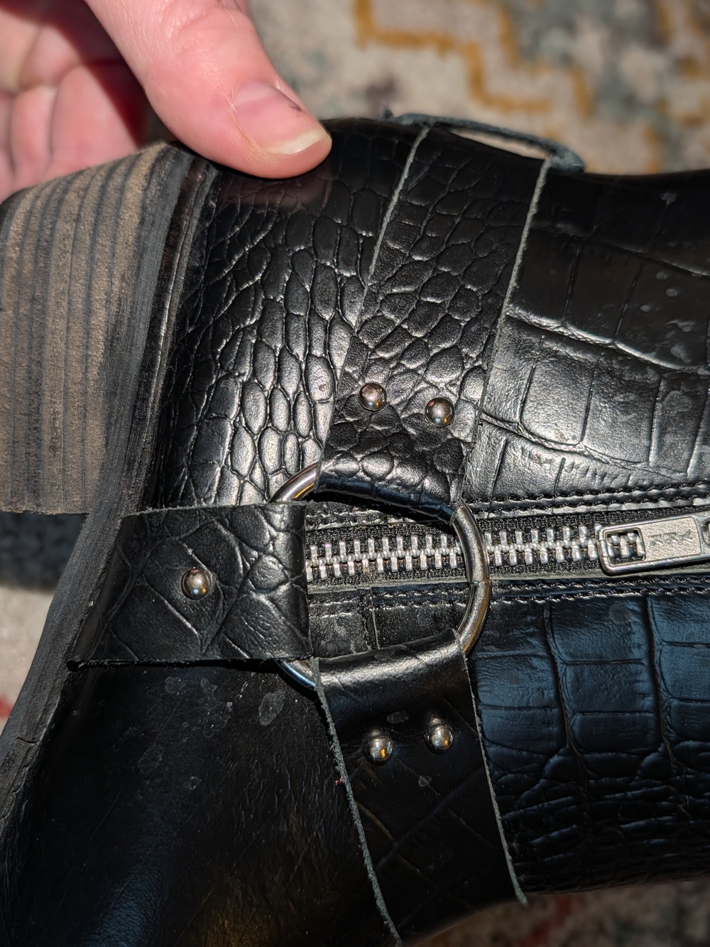 Matisse Women's 9 Black Croc-Embossed Ankle Boot Ring Zipper Detail Moto Leather